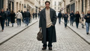 A man in an oversized grey coat and a chunky knit sweater stands on a cobblestone street, holding a brown bag.