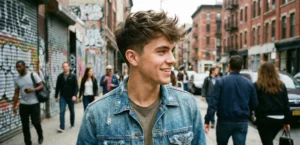 A candid street photograph of a smiling young man with messy, textured hair wearing a denim jacket on a busy urban sidewalk.