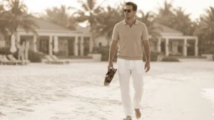A sepia-toned photograph of a man in a knit polo and linen trousers walking barefoot on a beach near a luxury resort, carrying his sandals.