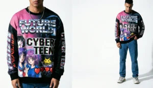 A front view of a man wearing a black and pink graphic sweatshirt featuring "FUTURE WORLD CYBER TEEN" text, anime characters, and pixel art, paired with blue jeans and white sneakers against a white studio background.
