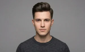 A studio portrait photograph of a man with a neatly groomed quiff hairstyle, wearing a dark grey crewneck sweater, looking directly at the camera against a plain grey background.