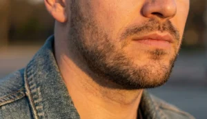 A close-up view of a man's lower face showing groomed designer stubble faded at the neck and cheeks, lit by golden hour sunlight.