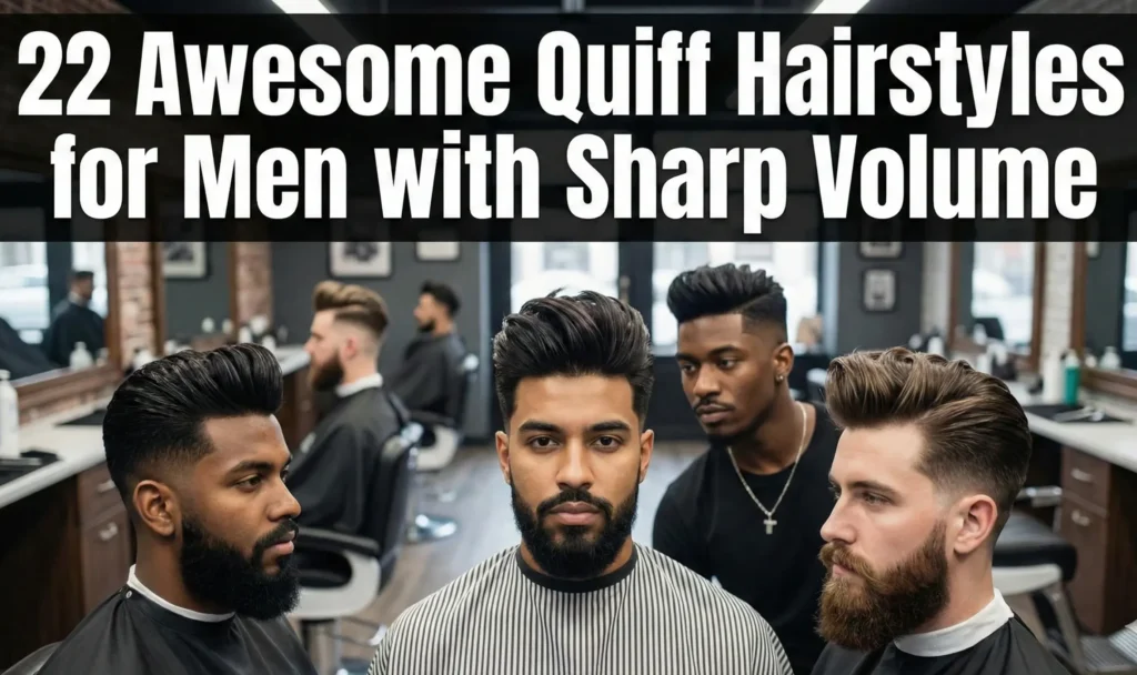 Feature image showing stylish men with sharp volume quiff hairstyles in a barbershop, with text overlay reading "22 Awesome Quiff Hairstyles for Men with Sharp Volume
