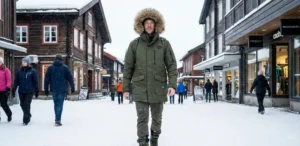 A traveler wearing a heavy olive green parka with a fur-lined hood, walking through a snowy mountain resort town.