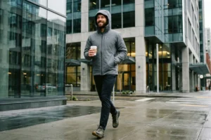 A smiling man in a grey hooded technical jacket and athletic pants, walking on a wet city sidewalk holding a coffee cup.