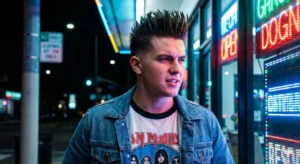 A young man with a tall, spiky pompadour haircut and faded sides, wearing a denim jacket and band t-shirt outside at night near neon lights. Image 9: A young man with a tall, spiky pompadour haircut and faded sides, wearing a denim jacket and band t-shirt outside at night near neon lights.