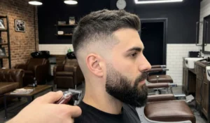 A side-profile photograph showing a man's fresh haircut and tapered beard fade in a modern barbershop, with a barber's hand holding a comb near his ear.
