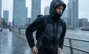 A photo of a man wearing a black and grey water-resistant windbreaker jacket and carrying a backpack, walking on a wet city walkway next to a river during a rainy day.