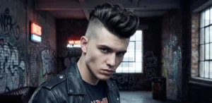 Portrait of a man with a high-volume pompadour fade hairstyle and a black leather jacket, posing in an industrial loft with graffiti on brick walls.