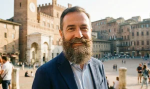 A portrait of a smiling Italian man with a full, well-groomed beard and handlebar mustache, standing in a sunny piazza in Siena, Italy, with historical buildings in the background.