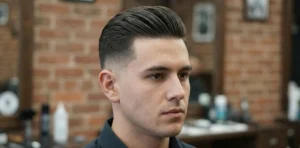 A profile portrait of a man with a sleek, brushed-back hairstyle and a clean fade on the sides. He is wearing a dark shirt in a barbershop setting.