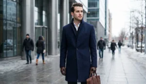 A man in a navy wool coat and white shirt stands on a snowy city sidewalk, holding a briefcase.