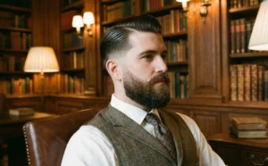 A gentleman with a sleek vintage side-part hairstyle and a perfectly groomed full beard, wearing a tweed vest and tie, seated in a warmly lit wooden library.