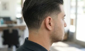 A profile photograph focusing on a man's neat low taper fade haircut, showing hair subtly blending from very short around the ear to longer, combed-back hair on top in a barber shop setting.