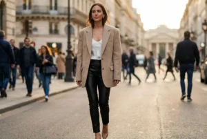 A woman with brown hair walking on a city street at dusk, wearing an oversized beige blazer, a white top, and black leather pants.