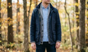 A medium shot of a man outdoors in an autumn forest setting, demonstrating smart layering with a blue button-down shirt, a grey knit cardigan, and an open navy waxed field jacket.