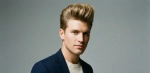 A studio portrait of a man wearing a navy blazer, featuring a tall, voluminous, and perfectly styled blonde pompadour hairstyle.
