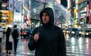 A man wearing a black hooded waterproof jacket holding a transparent umbrella during heavy rain on a busy city street at night with neon lights reflecting.