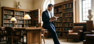 A man in a navy suit and white shirt leaning against a wooden table and reading a book inside a classic, warm-lit university library filled with bookshelves.