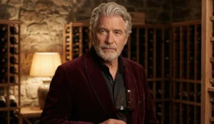 A portrait of a distinguished older man with silver hair and a beard, wearing a maroon velvet jacket, holding a glass of red wine inside a dimly lit wine cellar.