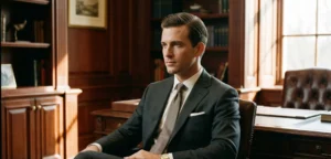 A portrait of a man in a charcoal suit, white shirt, and tie, seated in a leather chair in a rich, mahogany-paneled office. He has a neatly combed side-part haircut and is looking off-camera.