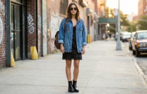 A woman wearing an oversized denim jacket over a black slip dress and boots, standing on an urban sidewalk near a brick wall with graffiti.