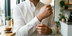 A close-up photograph of a man's hands carefully adjusting the buttoned cuff of a crisp, white cotton shirt in a brightly lit cafe setting.