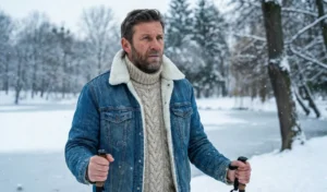 A rugged man wearing a sherpa-lined denim jacket and a chunky knit sweater, holding hiking poles in a snowy landscape next to a frozen lake