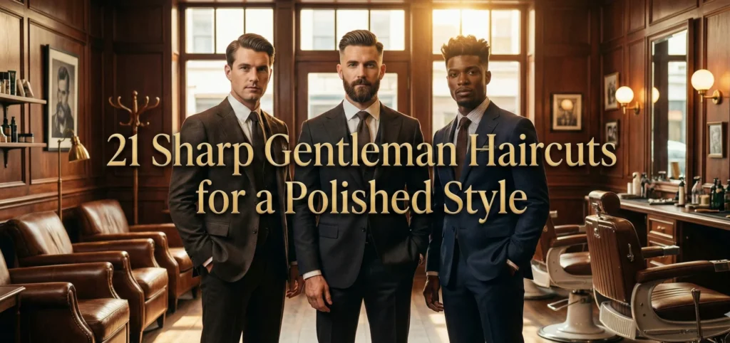 A photograph features three impeccably dressed men standing side-by-side in a luxurious, classic wood-paneled barbershop. They are each wearing tailored suits and ties, and have different, well-groomed haircuts and beards. They look directly at the camera with confident expressions. The background includes leather armchairs, brass fixtures, large mirrors, shelves with grooming products, and vintage barber chairs. Warm, golden light streams into the room. Superimposed across the center of the image in gold serif font is the text: "21 Sharp Gentleman Haircuts for a Polished Style".