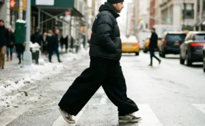 A candid shot of a man walking across a snowy city street in winter. He is wearing a black puffer jacket, a black beanie, and very wide-leg black trousers with grey skate shoes.
