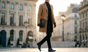 A stylish man walking in a European city during golden hour, wearing a camel coat, black turtleneck, and holding a leather folio.