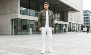 A man wearing a green quilted bomber jacket, white t-shirt, and white jeans stands in a modern concrete plaza.