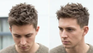 Two close-up views of a man with a modern, textured spiky hairstyle that has a soft, matte finish rather than stiff gel spikes.