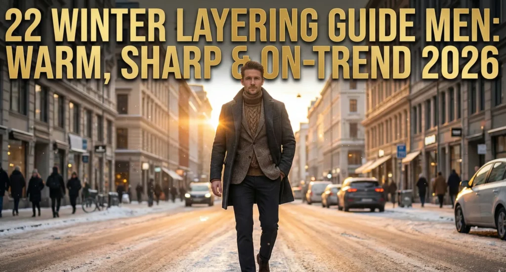 A wide-angle photograph shows a stylish man in a layered tweed coat, blazer, and cable-knit sweater walking down a snowy city street at sunset. Bold gold text across the top reads "22 WINTER LAYERING GUIDE MEN: WARM, SHARP & ON-TREND 2026".