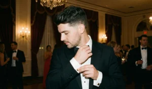 A man with a dark, tapered haircut, wearing a black tuxedo, looking down as he adjusts a cufflink in a dimly lit, elegant ballroom.
