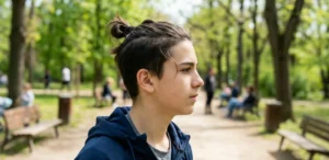 Profile photograph of a teenage boy with a man bun hairstyle and undercut, wearing a blue hoodie in a sunlit park setting.