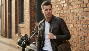 A stylish man with a pompadour haircut, wearing a brown leather cafe racer jacket and a white t-shirt, holding a leather shoulder bag and standing next to a vintage motorcycle against a brick wall.