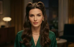 Portrait of a woman with vintage-inspired hair, featuring two large victory rolls at the front hairline and long, glossy loose waves.
