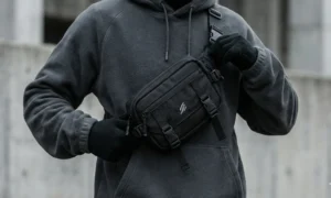 A close-up of a black technical crossbody bag worn over a dark grey fleece hoodie. The bag has multiple compartments, zippers, straps with buckles, and a small silver logo. The person wearing it has black gloves on.
