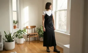 A woman with a bob haircut stands in a brightly lit apartment, looking out a large window. She is wearing a black silk slip dress layered over a thin white crew-neck t-shirt and chunky brown boots. Potted plants are on the floor next to her.