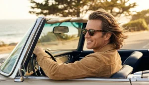 A man with windblown, medium-length hair and sunglasses, wearing a suede jacket, smiling while driving a vintage beige convertible along a coastal road.