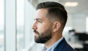 A side profile photograph of a man with a neat side-part haircut and a tapered beard fade, looking out a large office window.