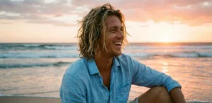 A candid photograph of a man with messy, sun-kissed medium-length blonde hair laughing. He is sitting on a sandy beach at sunset, wearing a blue linen shirt, with ocean waves breaking in the background under orange and pink sky light.