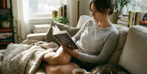 A woman with her hair tied back sits comfortably on a beige sofa, reading a book titled "THE QUIET HOURS." She is wearing a soft, light grey fine-knit long-sleeved top and has a knitted blanket draped over her lap. A tabby cat is sleeping beside her, and a mug of tea and bookshelves are in the background.