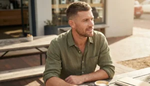 A man with a short crew cut and olive green linen shirt sits at an outdoor wooden table with coffee and a notebook, looking to the side in warm sunlight.