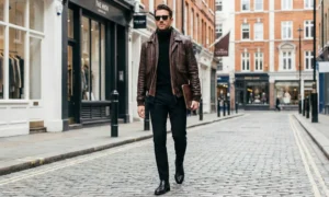 A man wearing sunglasses and a brown leather bomber jacket walking confidently down a cobblestone street lined with shops, holding a folio.