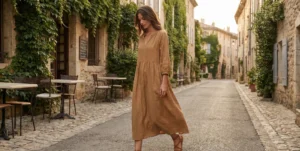 A woman wearing a flowing, camel-colored midi dress and brown sandals walks down a quiet cobblestone street lined with old stone buildings in a European village.