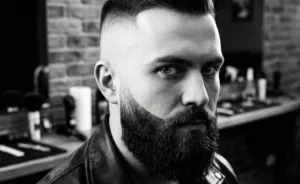 A dramatic black and white portrait of a man with an intense stare, featuring a sharp high skin fade haircut disconnected from a thick dark beard in a barbershop setting.