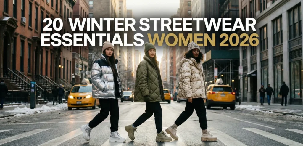 A high-fashion editorial feature image designed as a blog banner. Center frame: A group of three diverse, stylish women walking confidently on a snowy New York street in 2026, wearing oversized puffer jackets, chunky sneakers, and beanie hats. Text Integration: In the center or top, clear, bold, modern typography reading: "20 Winter Streetwear Essentials Women 2026". Style: The text should be elegant and readable, contrasting against the background. Soft winter sunlight, urban depth, 8k resolution, cinematic lighting, magazine cover aesthetic.