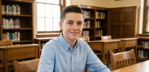A polished portrait of a teenage boy with a neat Ivy League haircut, wearing a light blue button-down shirt and sitting at a desk in a school library.